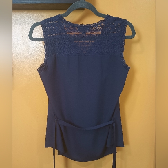 A.N.A Navy Blue Ruffle Sleeveless Blouse With Back Tie Size M - Picture 7 of 8